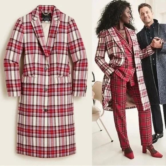 J. crew Alfie topcoat Ivory Red in Vintage Plaid Italian Wool Coat Size 14 - Picture 1 of 15